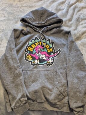 Mitchell & Ness Grey Hoodie with Pink and Teal Raptors Logo